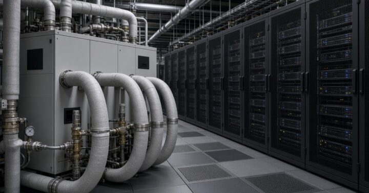 Coolant distribution unit piped to a row of data center server racks