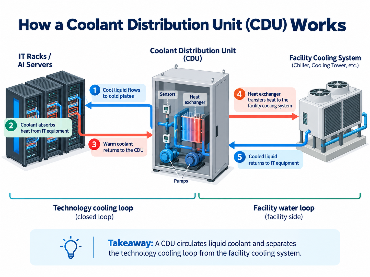 How a coolant distribution unit circulates coolant between IT racks and the facility cooling system