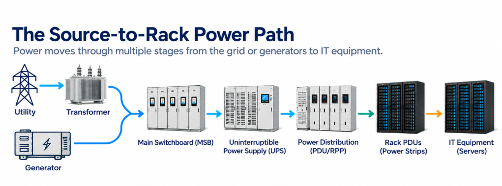 Source-to-rack power path showing electrical distribution and equipment dependencies in an AI data center